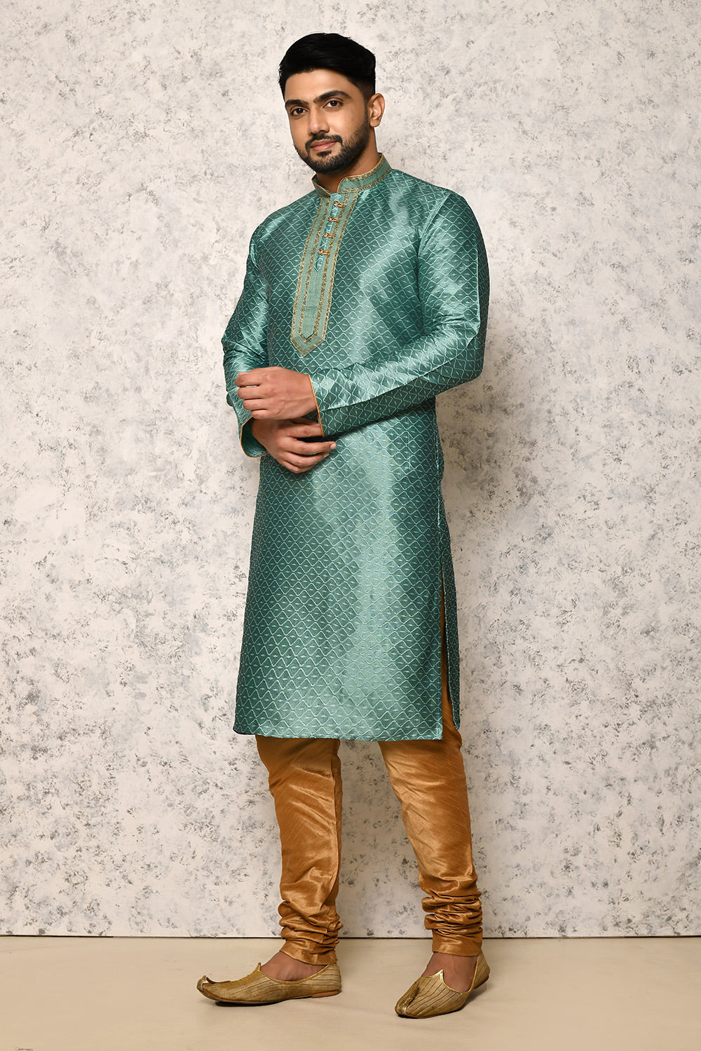 Rama Green Colour Art Silk Fabric Thread Work Kurta Pajama