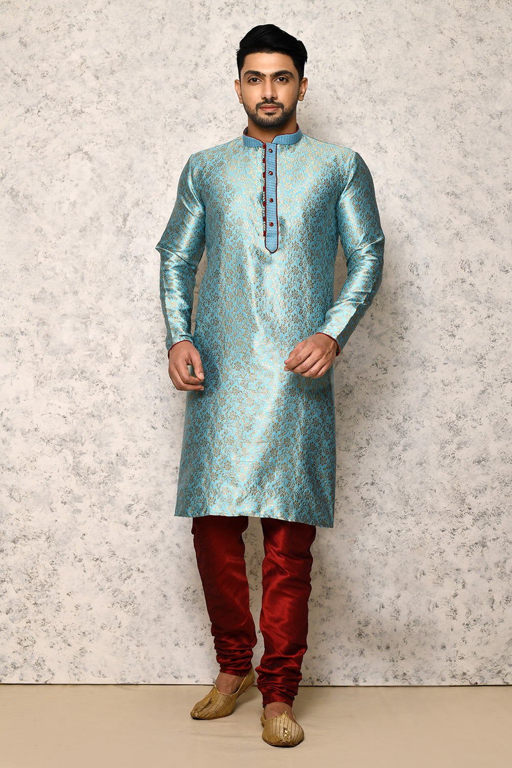 Sky Colour Art Silk Fabric Thread Work Kurta Pajama