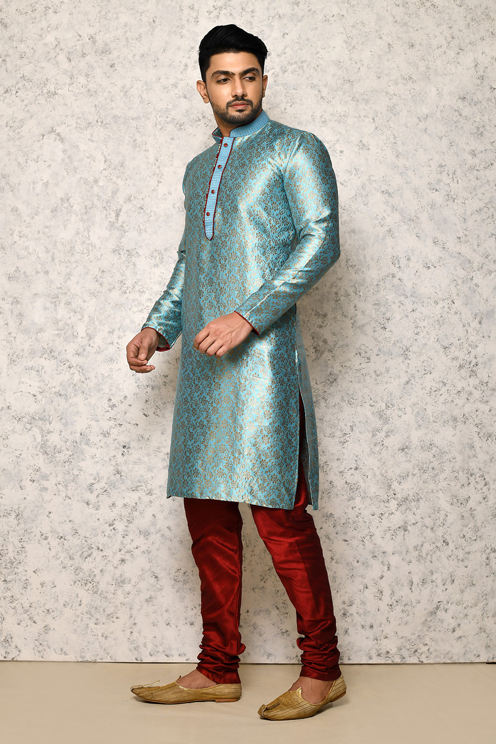 Sky Colour Art Silk Fabric Thread Work Kurta Pajama