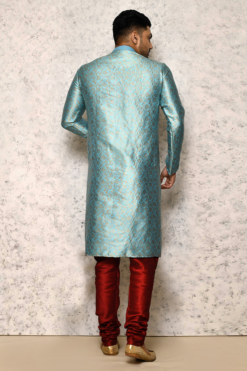 Sky Colour Art Silk Fabric Thread Work Kurta Pajama