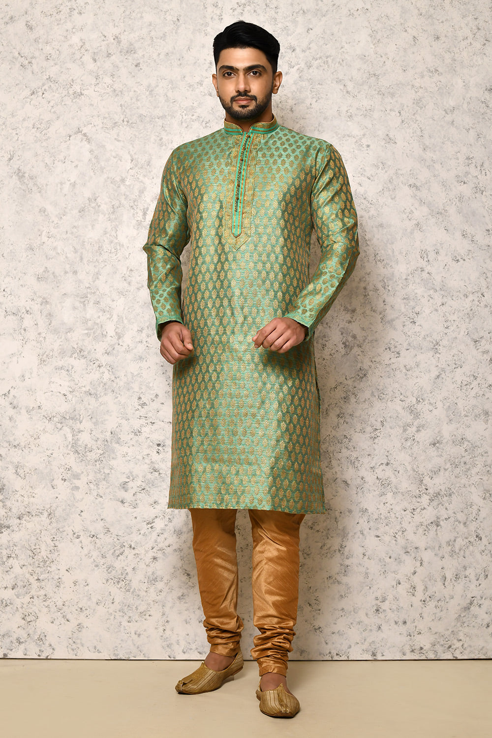 Rama Green Colour Jacquard Fabric Thread Work Kurta Pajama