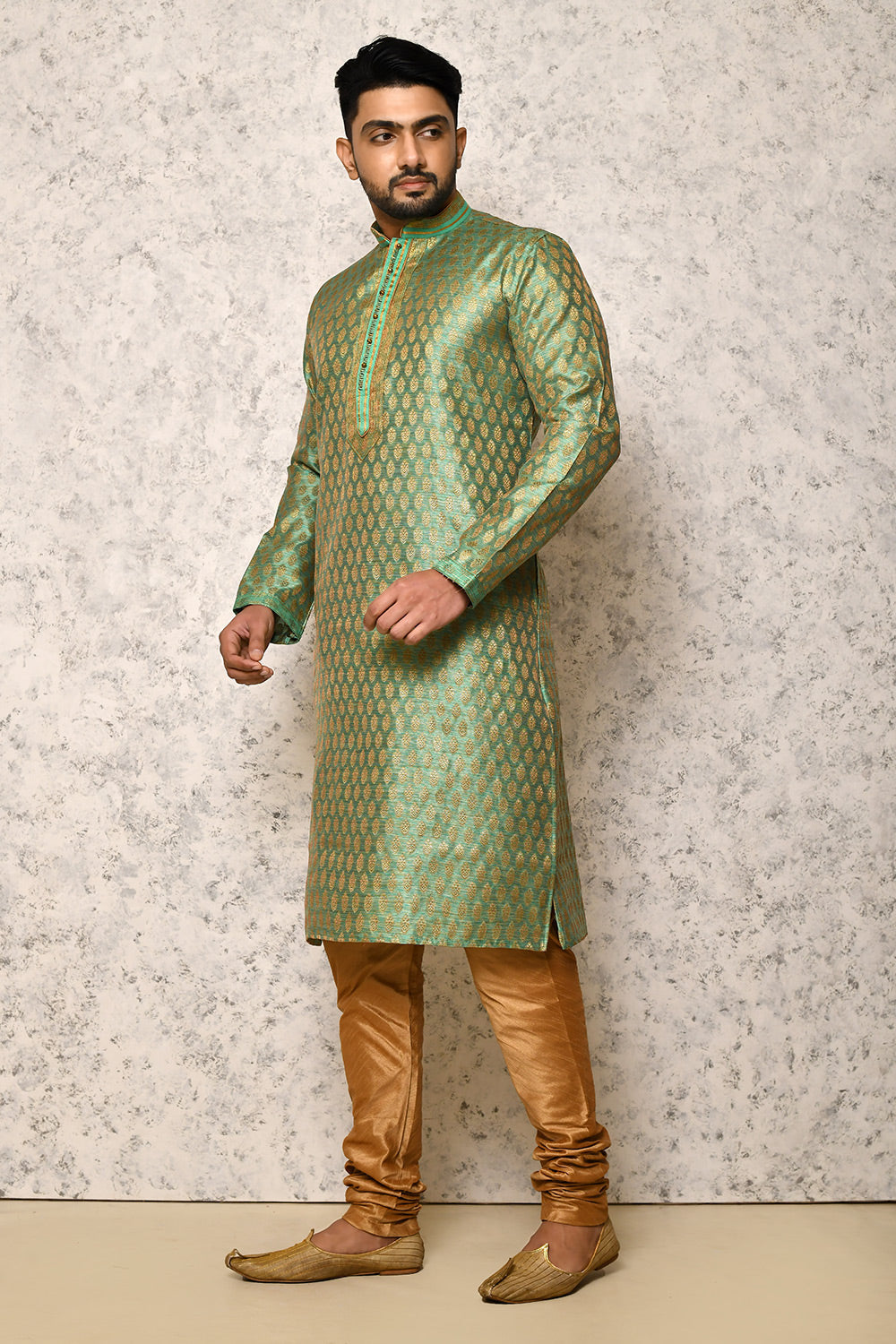 Rama Green Colour Jacquard Fabric Thread Work Kurta Pajama