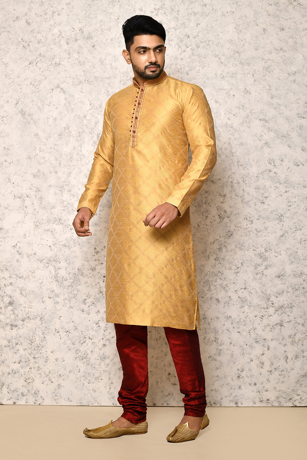 Golden Colour Art Silk Fabric Thread Work Kurta Pajama