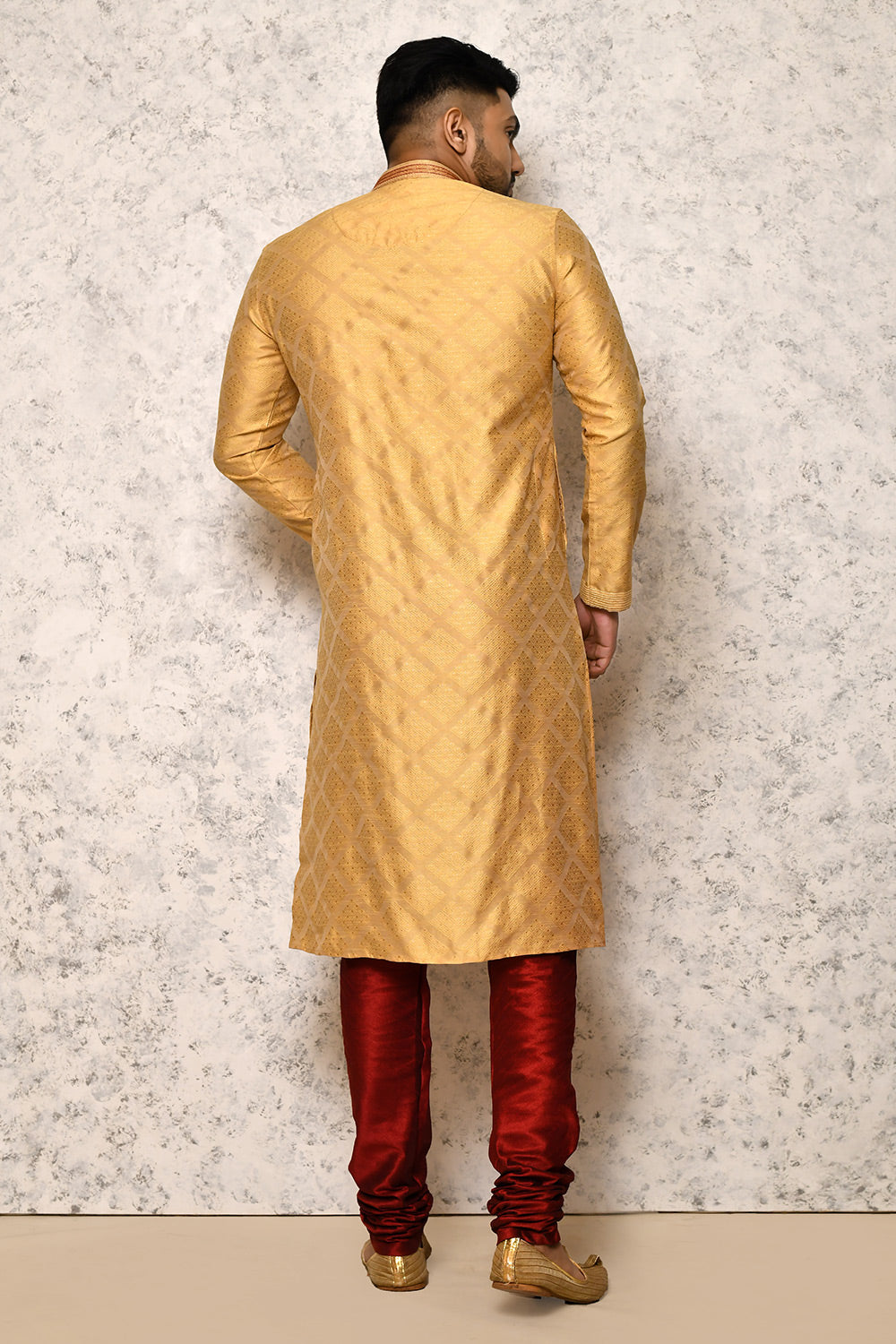 Golden Colour Art Silk Fabric Thread Work Kurta Pajama