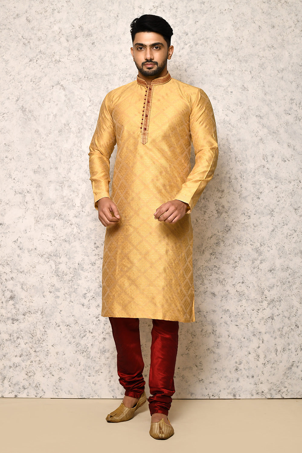 Golden Colour Art Silk Fabric Thread Work Kurta Pajama