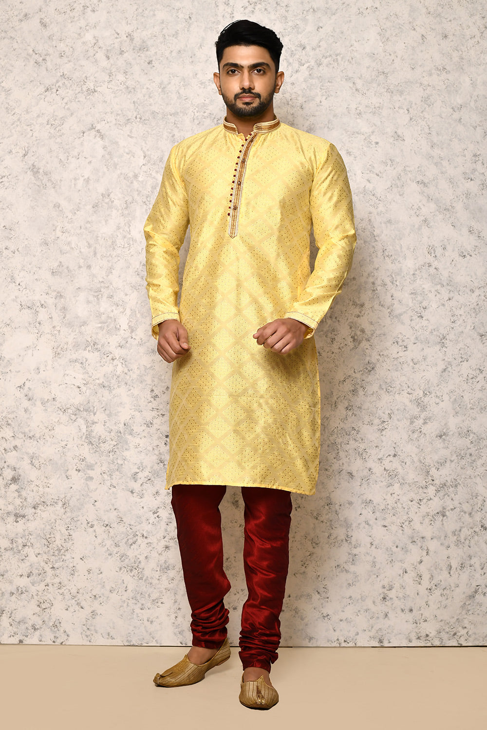 Lemon Colour Art Silk Fabric Thread Work Kurta Pajama