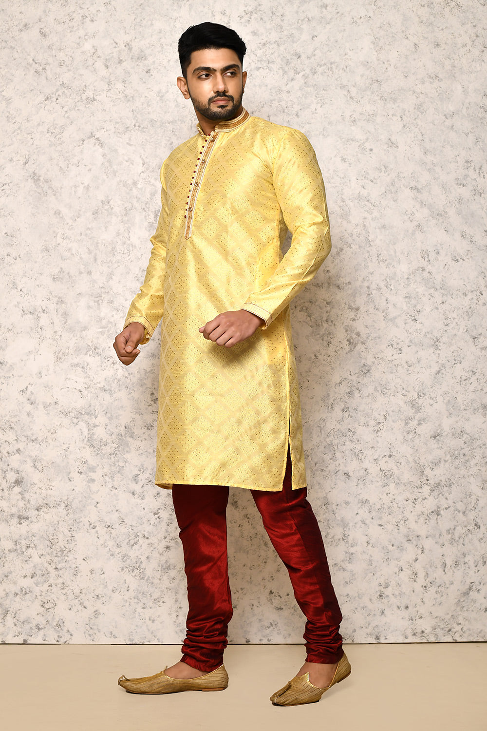 Lemon Colour Art Silk Fabric Thread Work Kurta Pajama