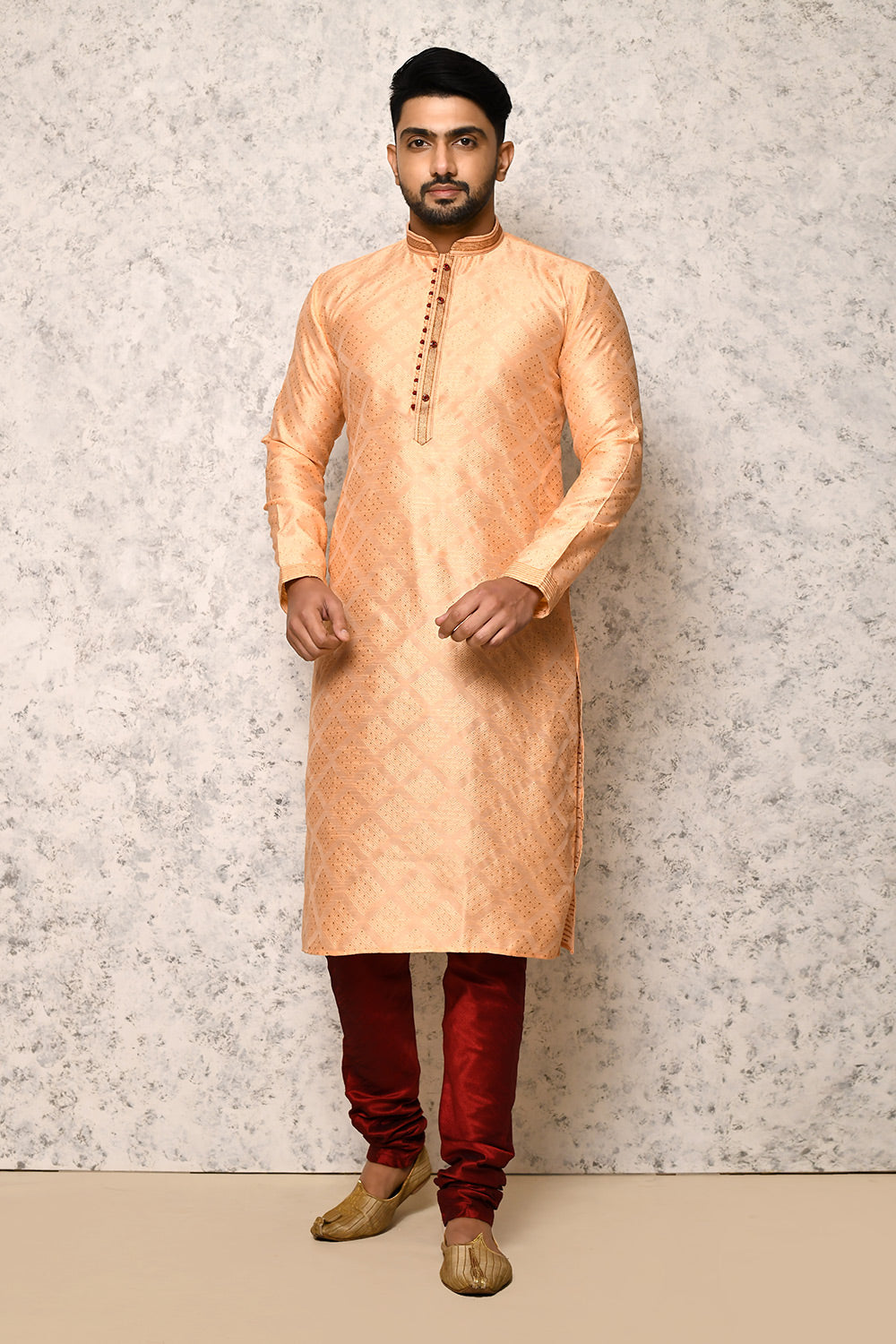 Rust Colour Art Silk Fabric Thread Work Kurta Pajama