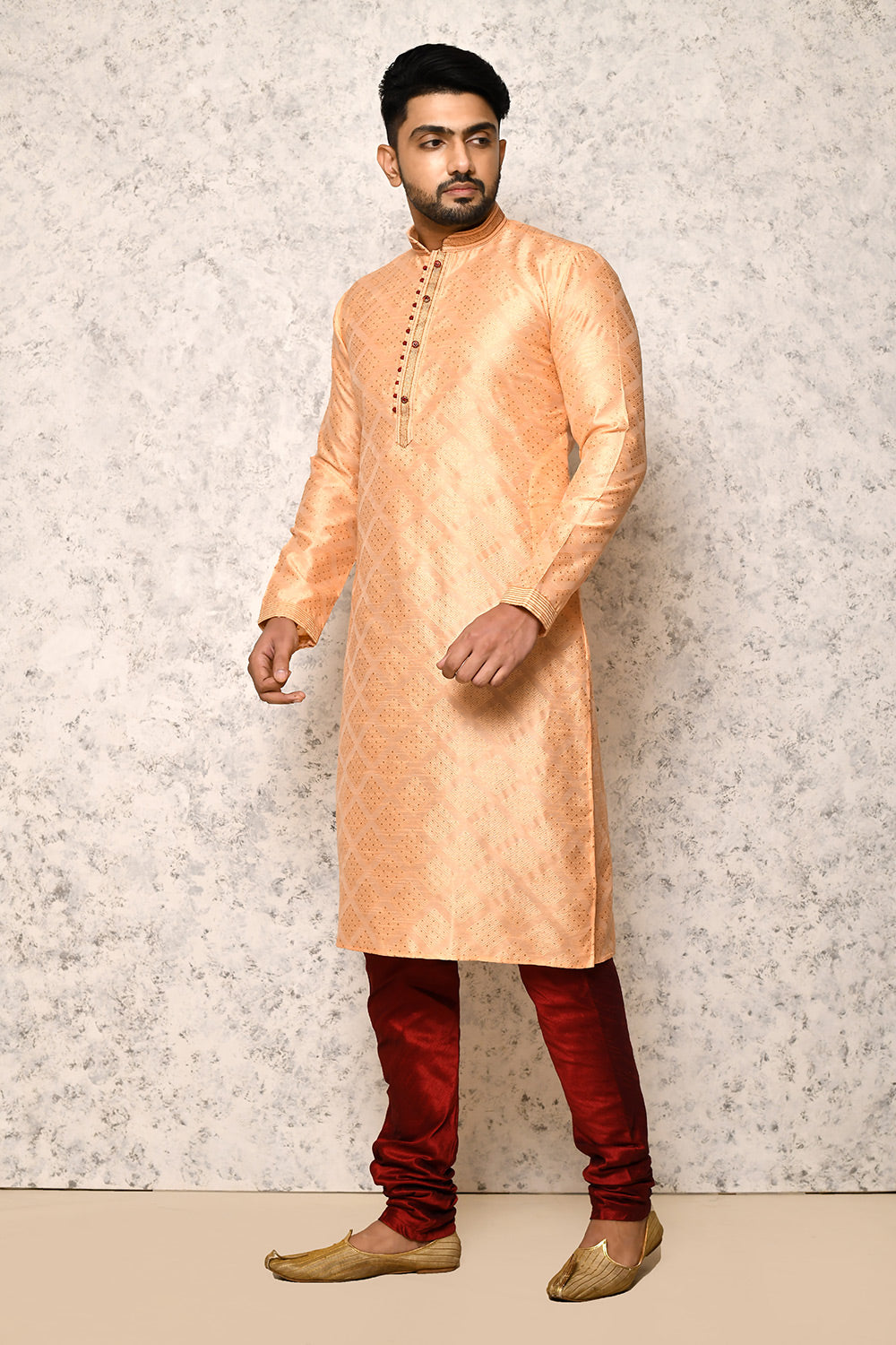 Rust Colour Art Silk Fabric Thread Work Kurta Pajama