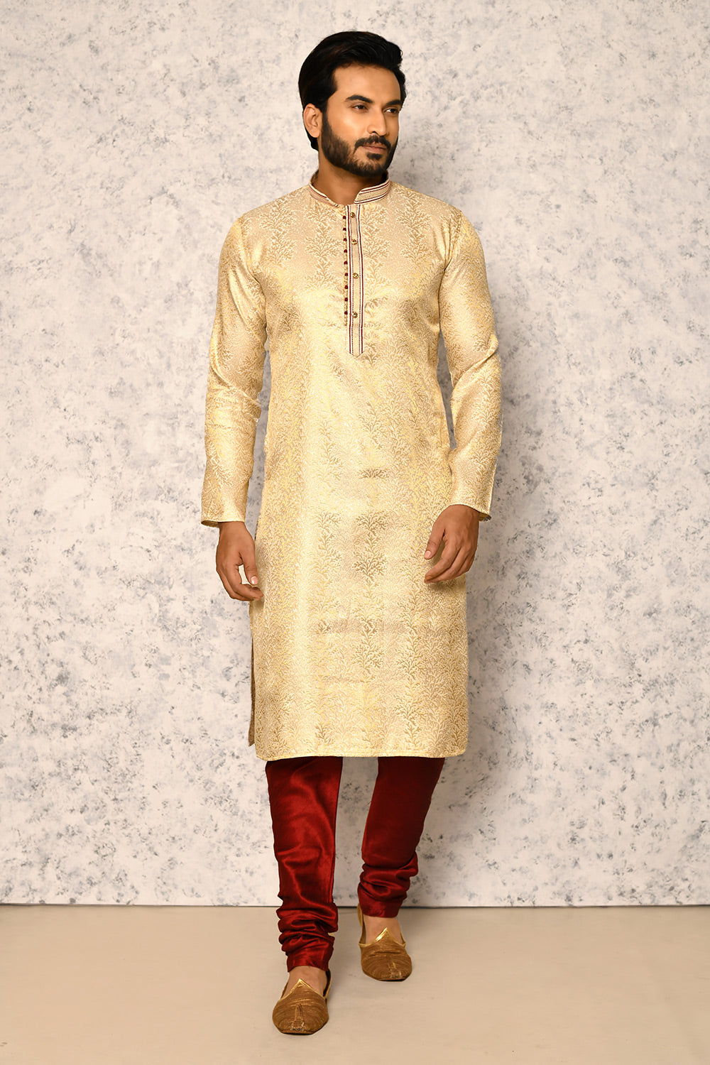 Gold Colour Jacquard Fabric Thread Work Kurta Pajama