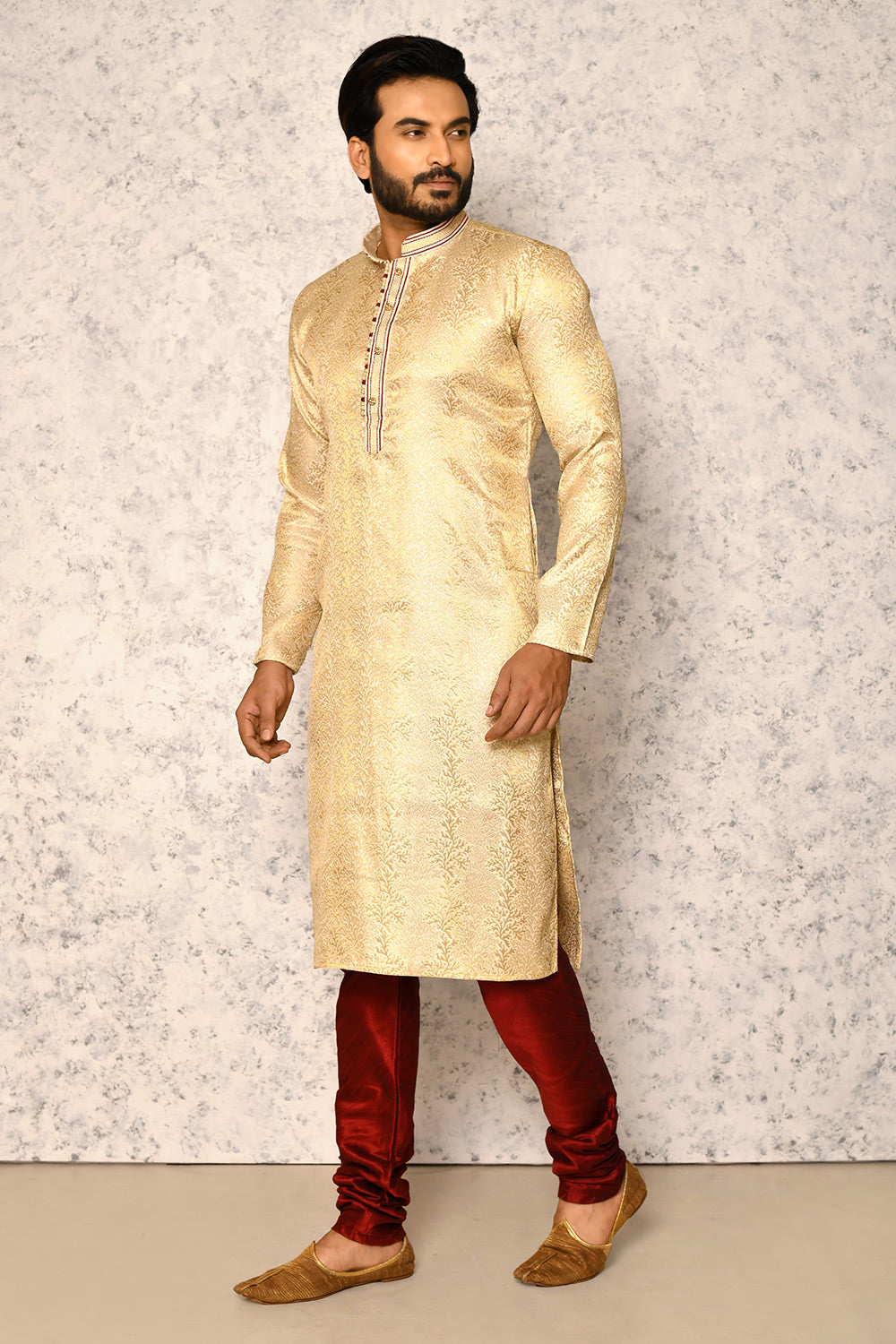 Gold Colour Jacquard Fabric Thread Work Kurta Pajama