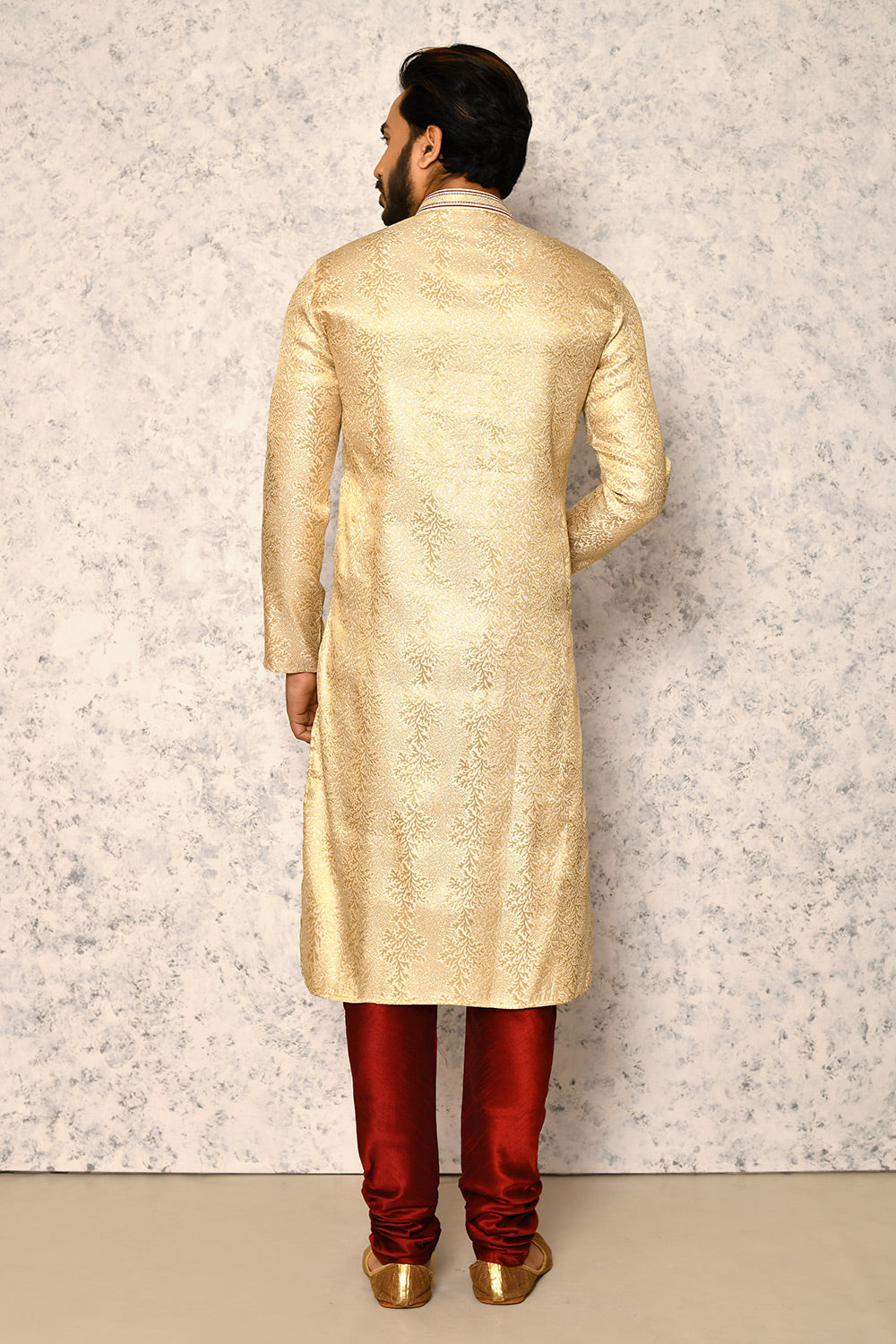 Gold Colour Jacquard Fabric Thread Work Kurta Pajama