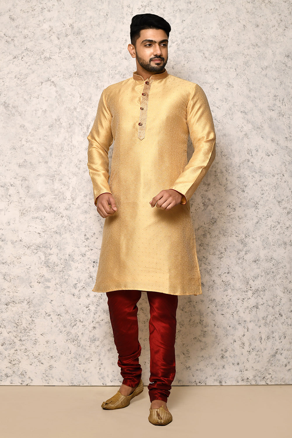 Gold Colour Art Silk Fabric Thread Work Kurta Pajama