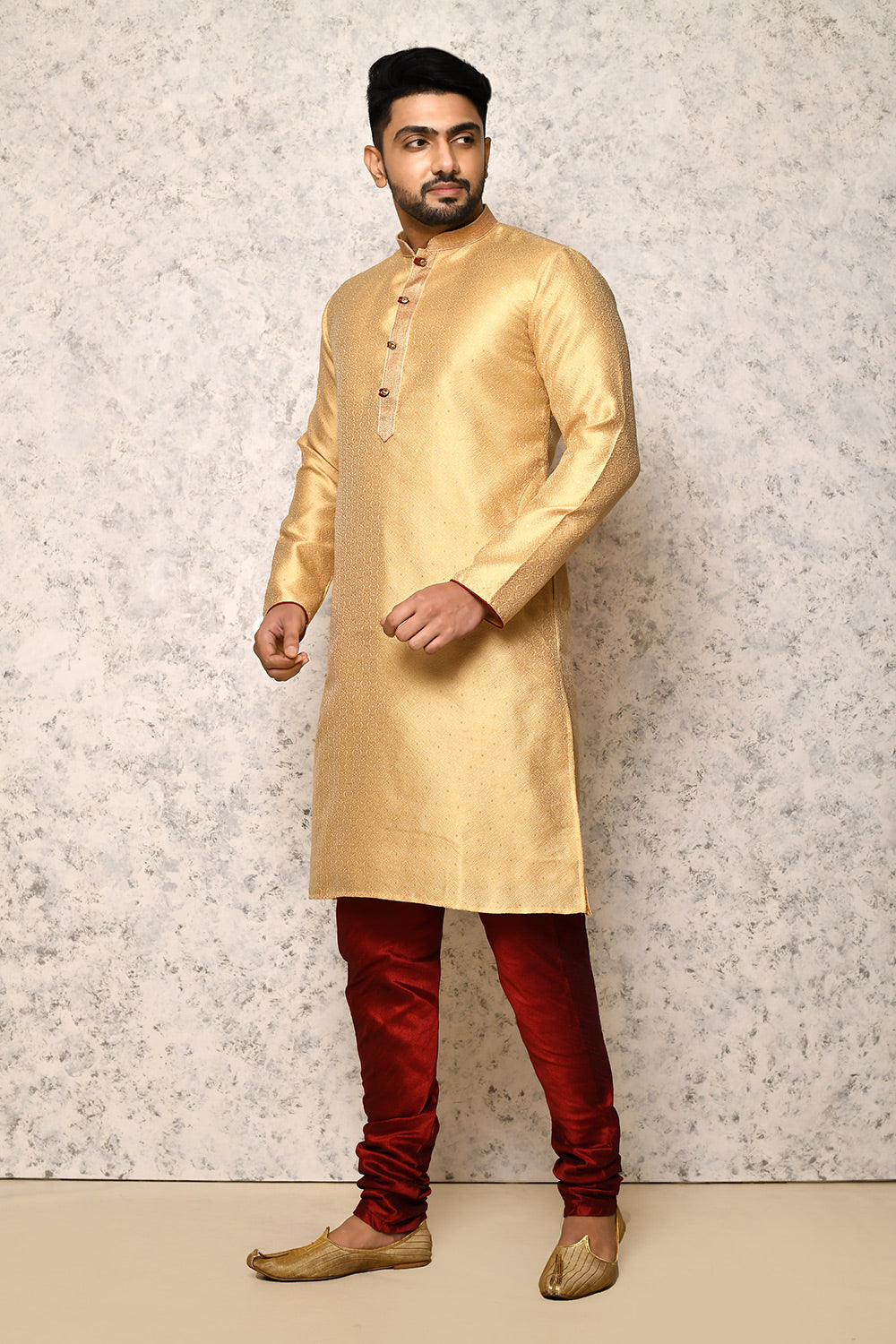 Gold Colour Art Silk Fabric Thread Work Kurta Pajama