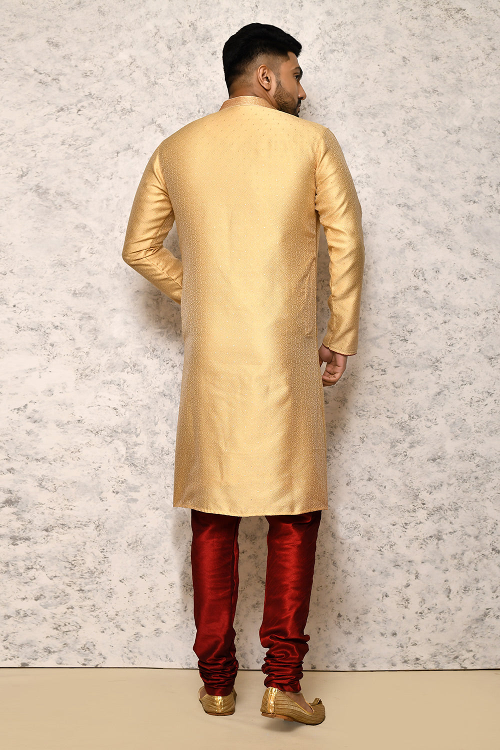 Gold Colour Art Silk Fabric Thread Work Kurta Pajama