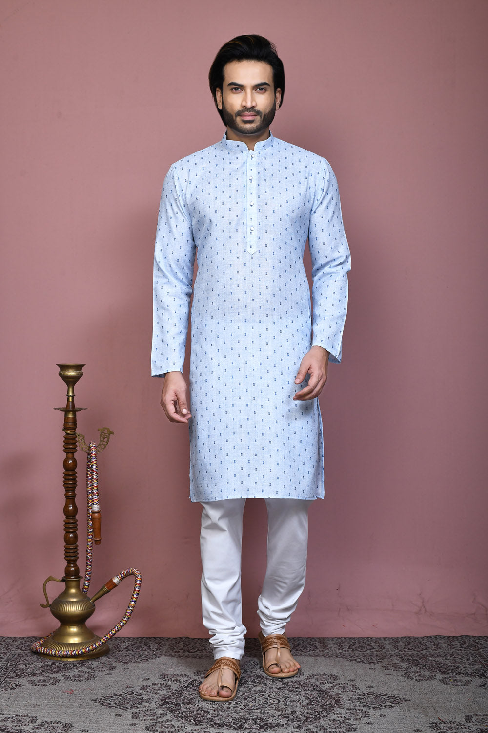 Sky Blue Colour Cotton Fabric Printed Kurta Pajama