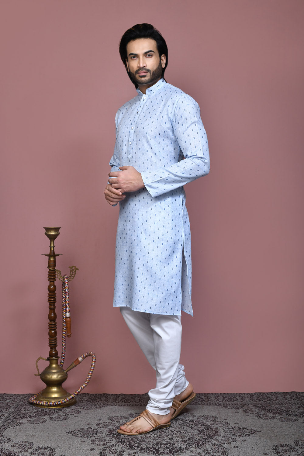 Sky Blue Colour Cotton Fabric Printed Kurta Pajama