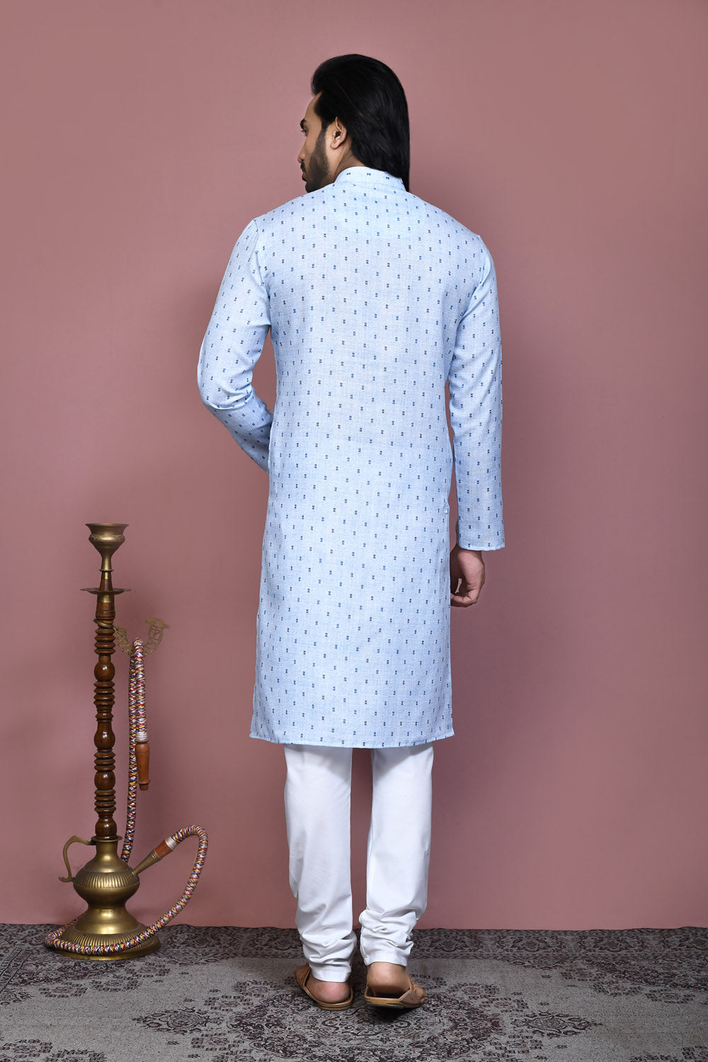 Sky Blue Colour Cotton Fabric Printed Kurta Pajama