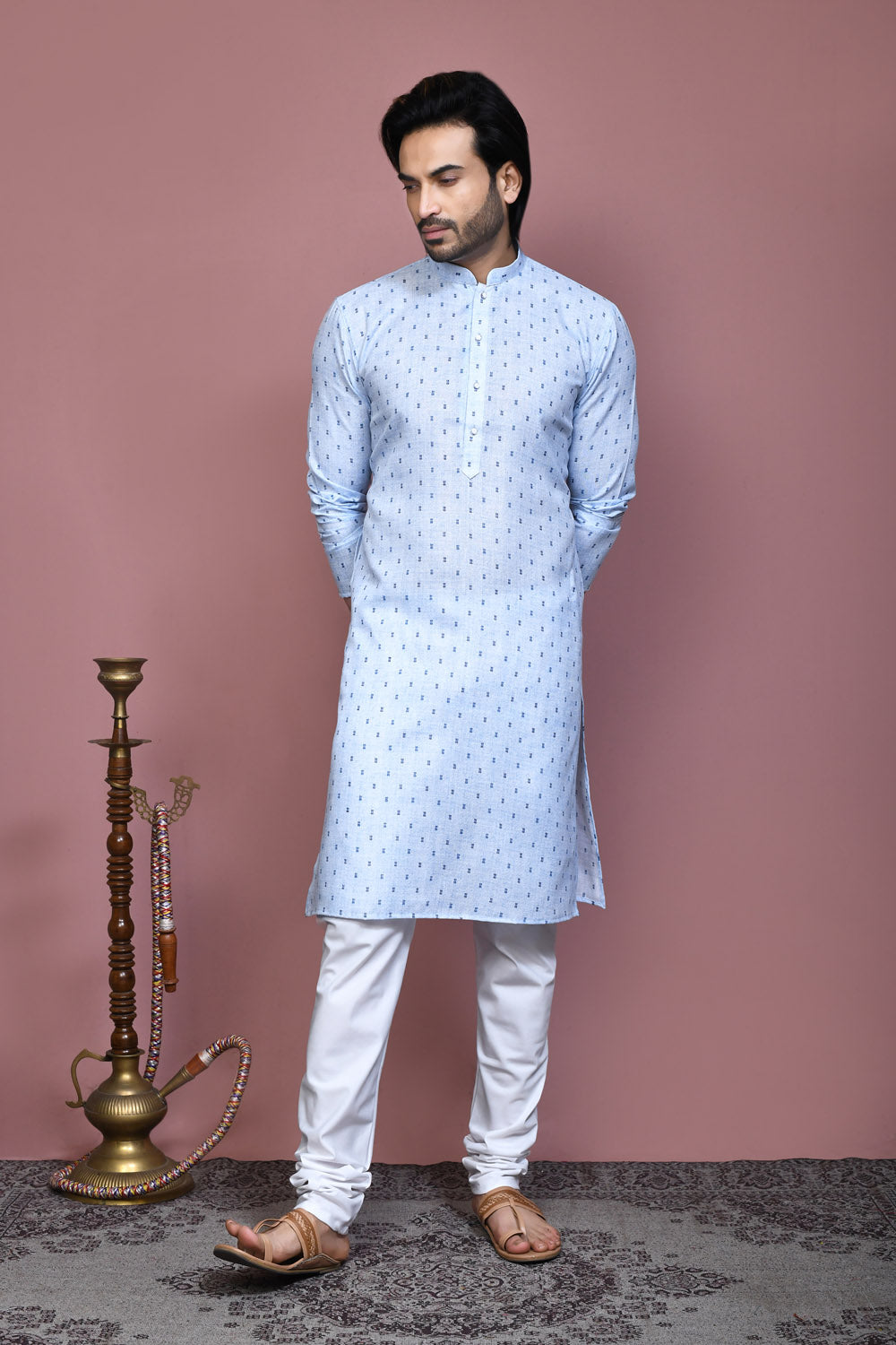 Sky Blue Colour Cotton Fabric Printed Kurta Pajama