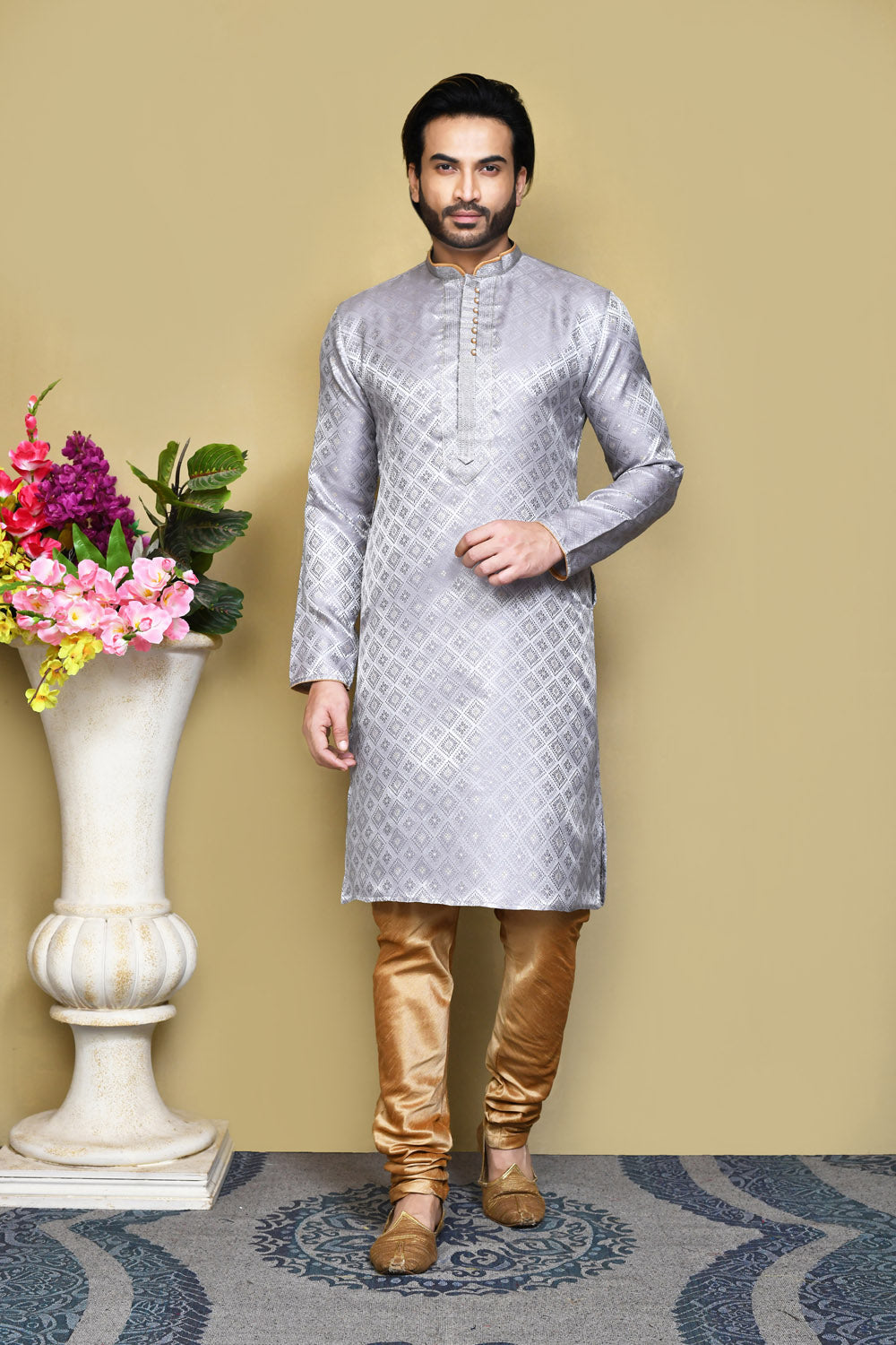 Grey Colour Art Silk Fabric Resham Woven Kurta Pajama