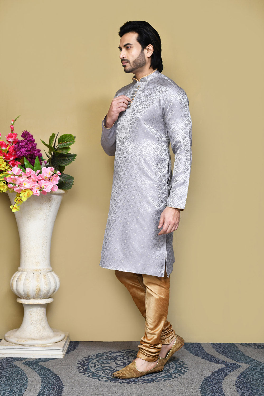 Grey Colour Art Silk Fabric Resham Woven Kurta Pajama