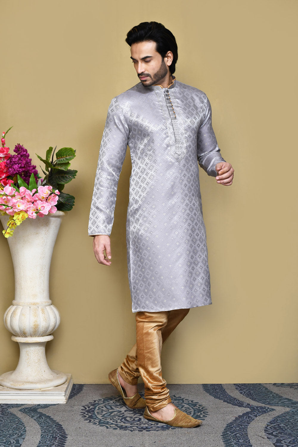 Grey Colour Art Silk Fabric Resham Woven Kurta Pajama