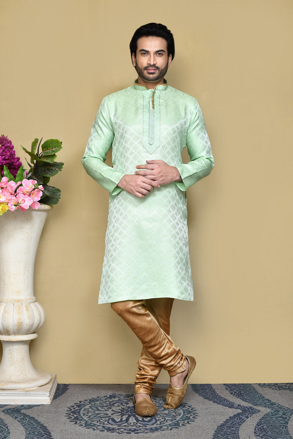 Pista Colour Art Silk Fabric Resham Woven Kurta Pajama