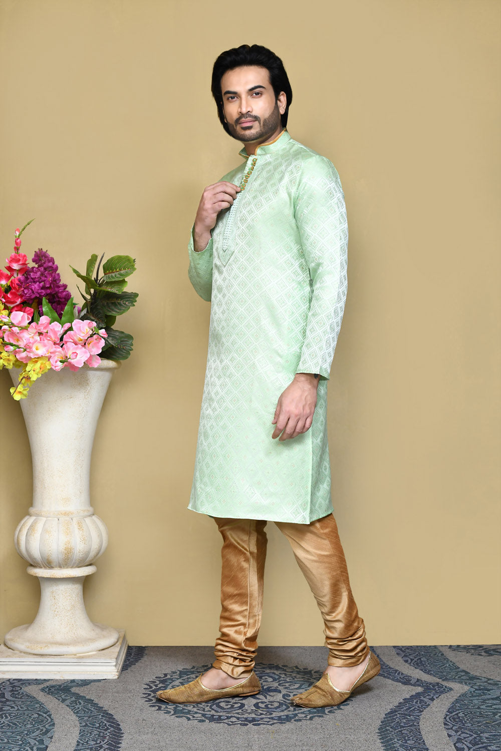 Pista Colour Art Silk Fabric Resham Woven Kurta Pajama