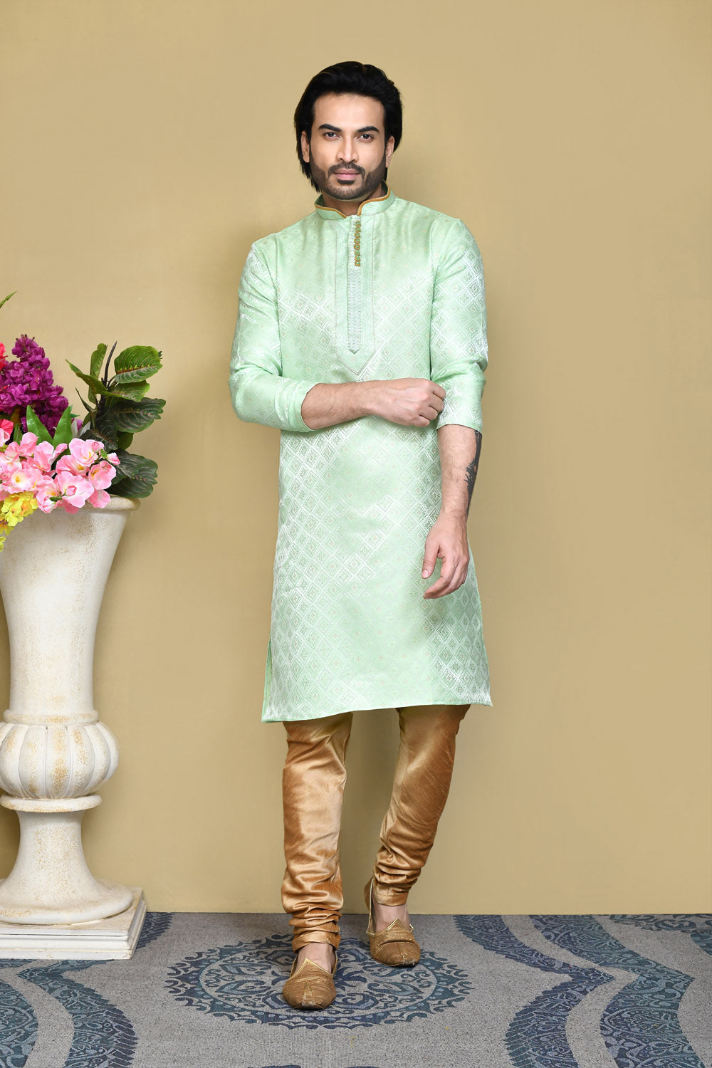 Pista Colour Art Silk Fabric Resham Woven Kurta Pajama