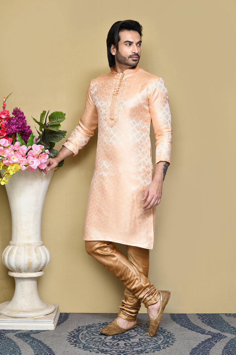 Rust Colour Art Silk Fabric Resham Woven Kurta Pajama