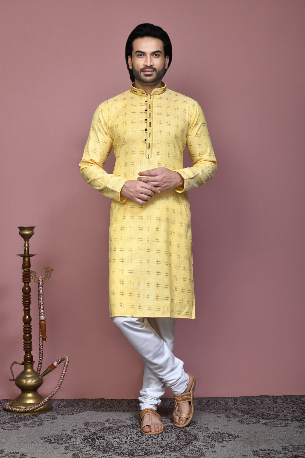 Yellow Colour Cotton Fabric Printed Kurta Pajama