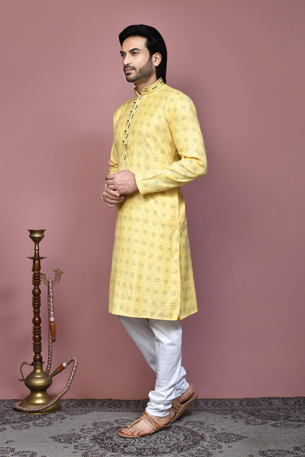 Yellow Colour Cotton Fabric Printed Kurta Pajama