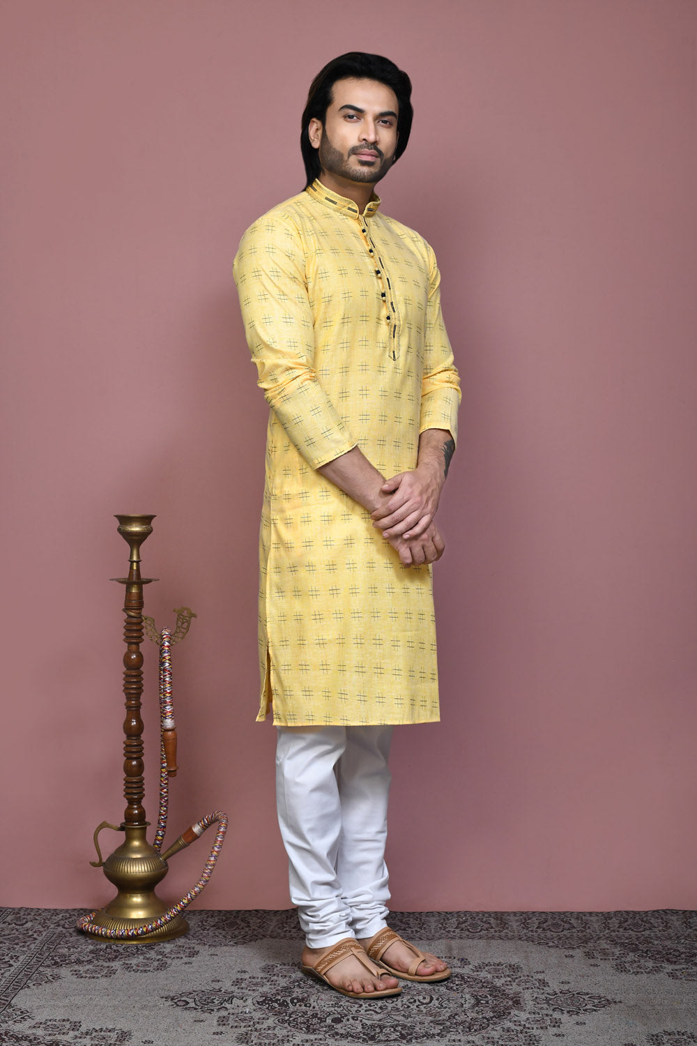 Yellow Colour Cotton Fabric Printed Kurta Pajama