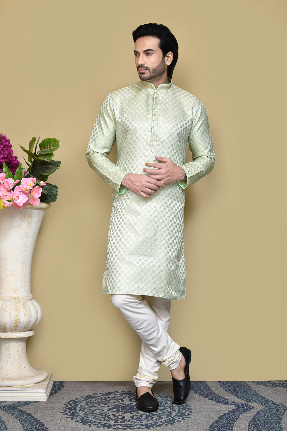 Pista Colour Art Silk Fabric Resham Embroidery Kurta Pajama