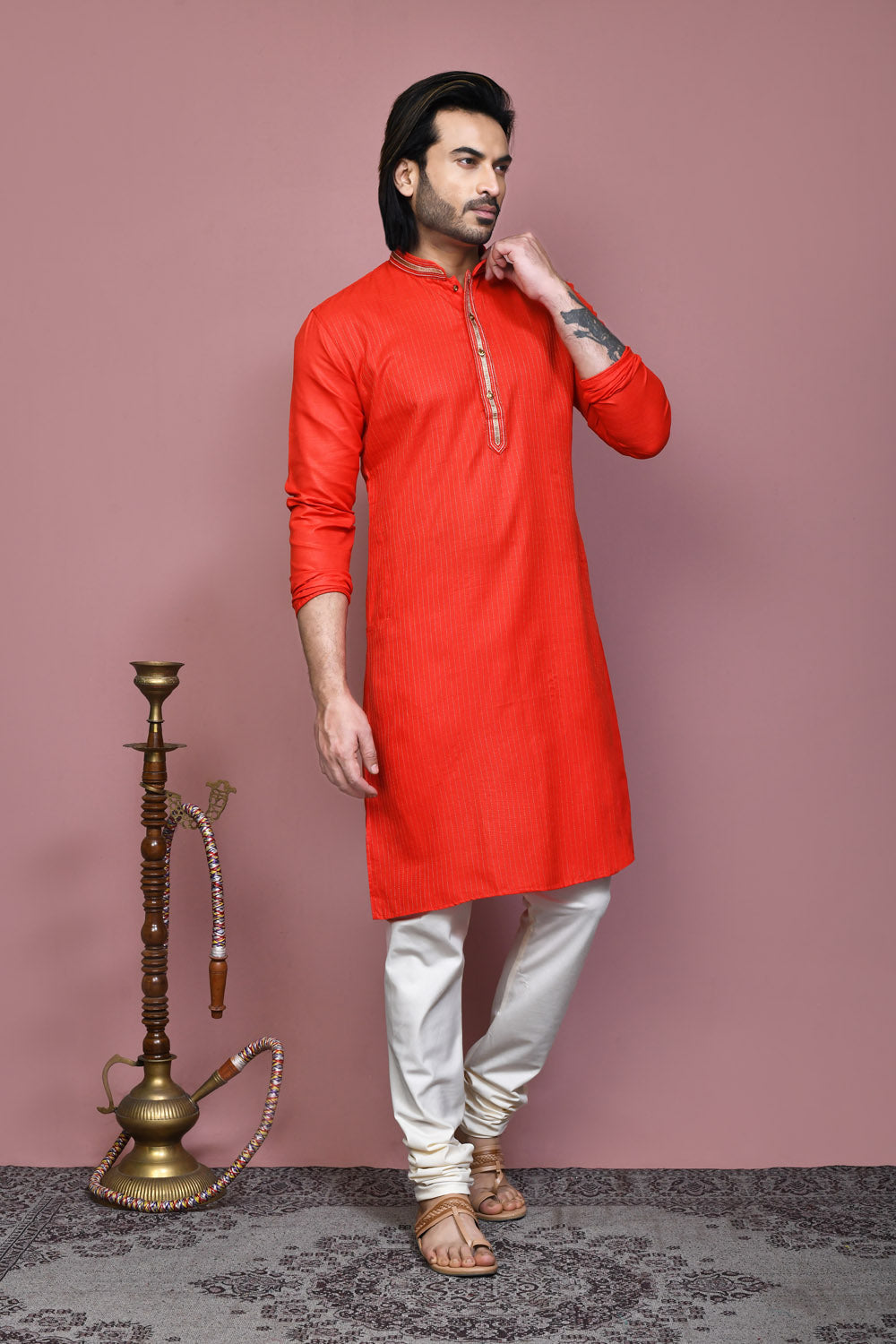 Orange Colour Cotton Fabric Resham Embroidery Kurta Pajama