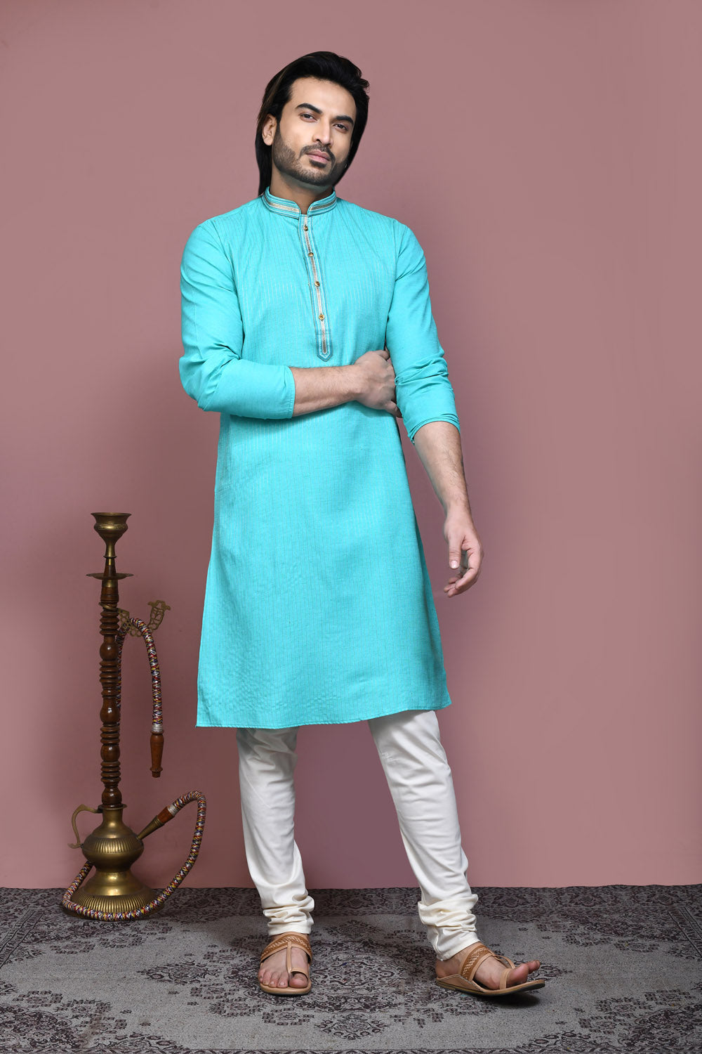 Green Colour Cotton Fabric Resham Embroidery Kurta Pajama