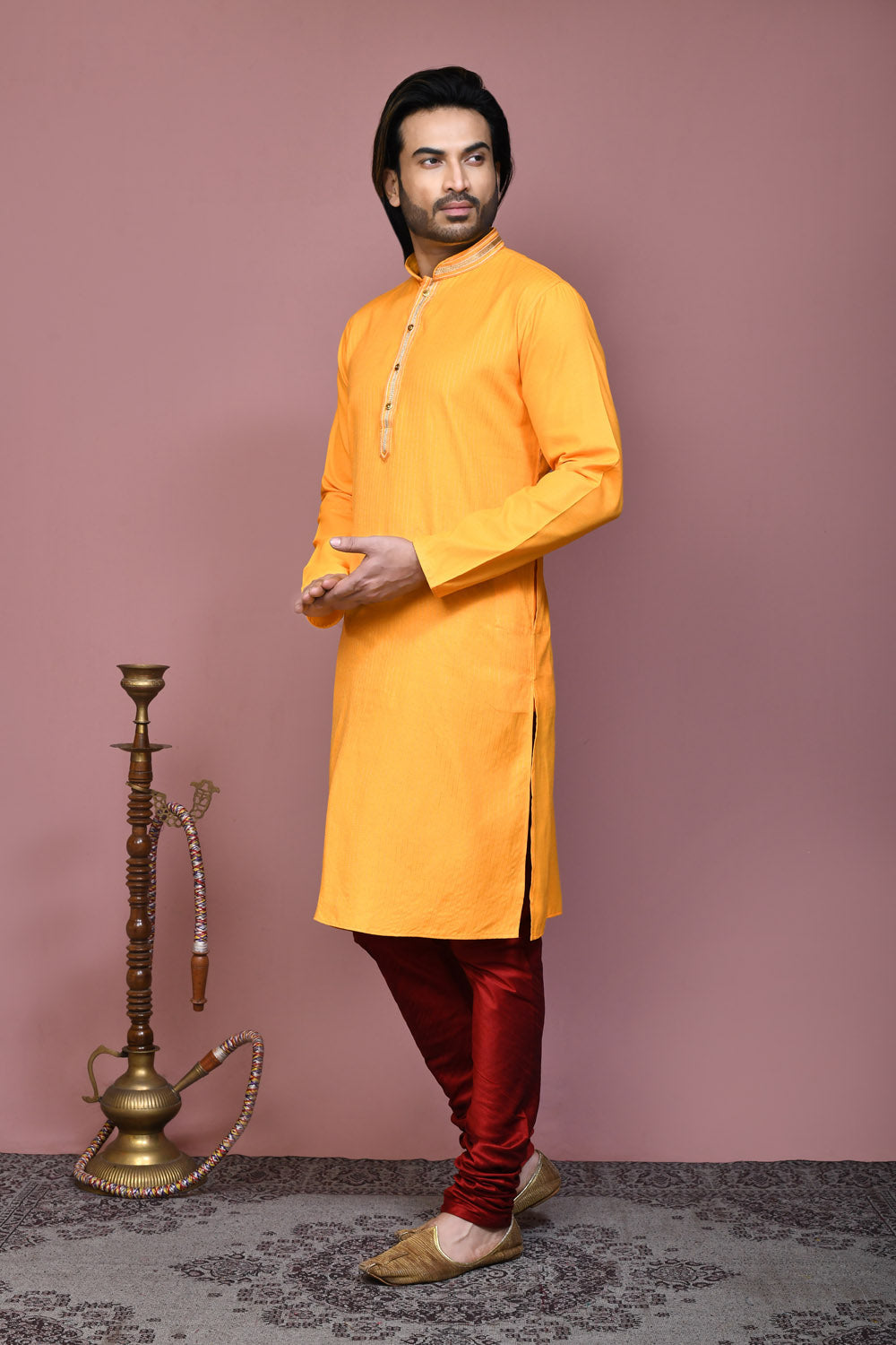 Yellow Colour Cotton Fabric Resham Embroidery Kurta Pajama