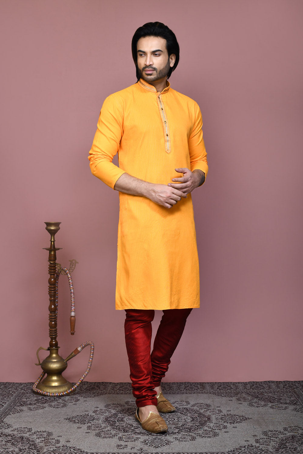 Yellow Colour Cotton Fabric Resham Embroidery Kurta Pajama