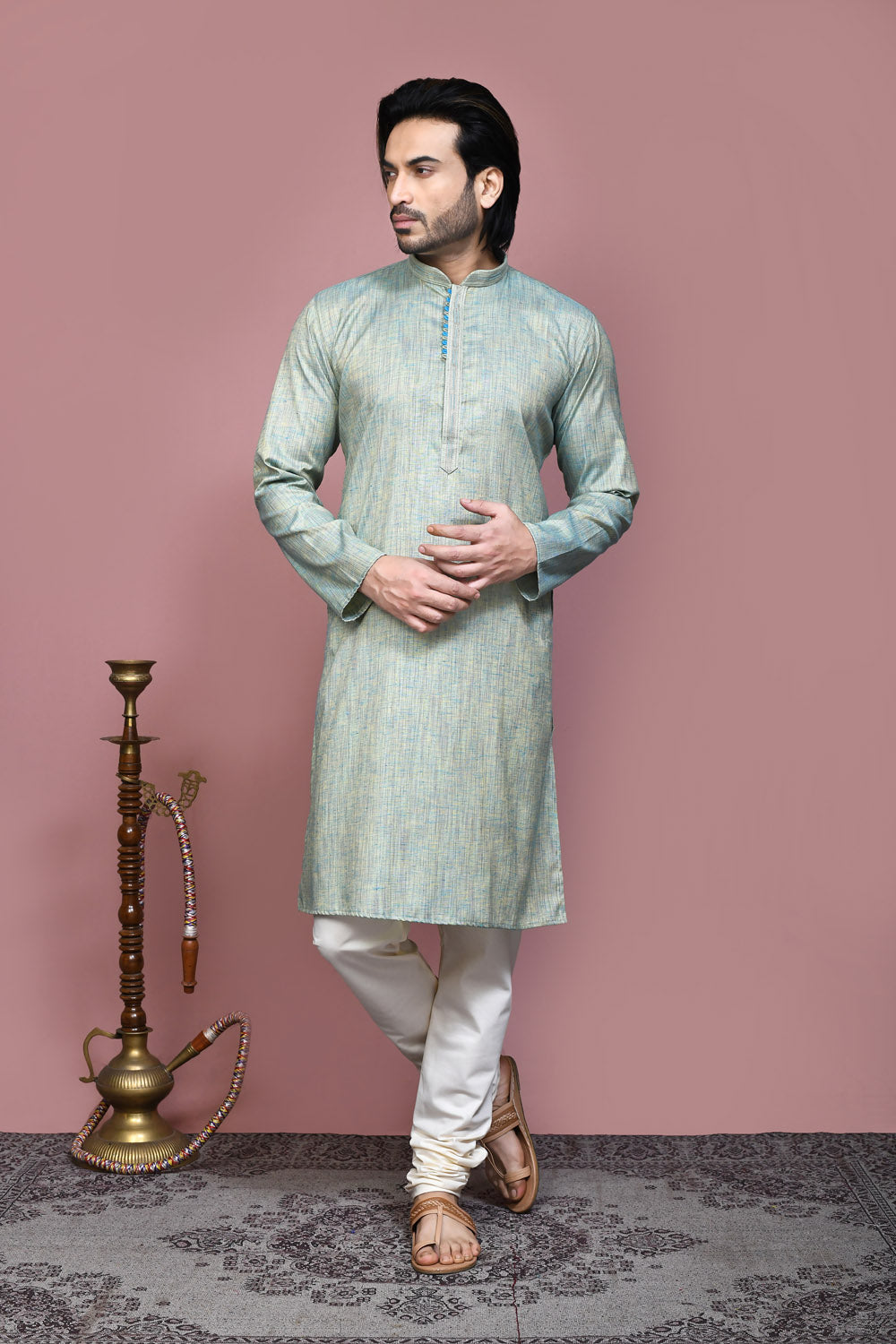 Pista Colour Cotton Silk Fabric Plain Kurta Pajama