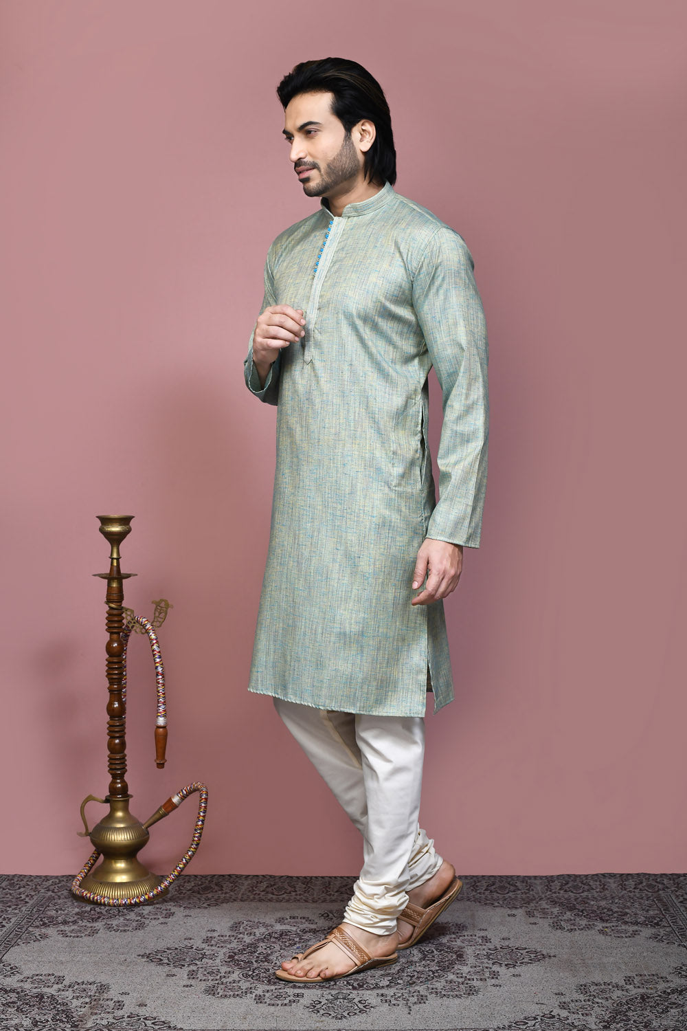 Pista Colour Cotton Silk Fabric Plain Kurta Pajama