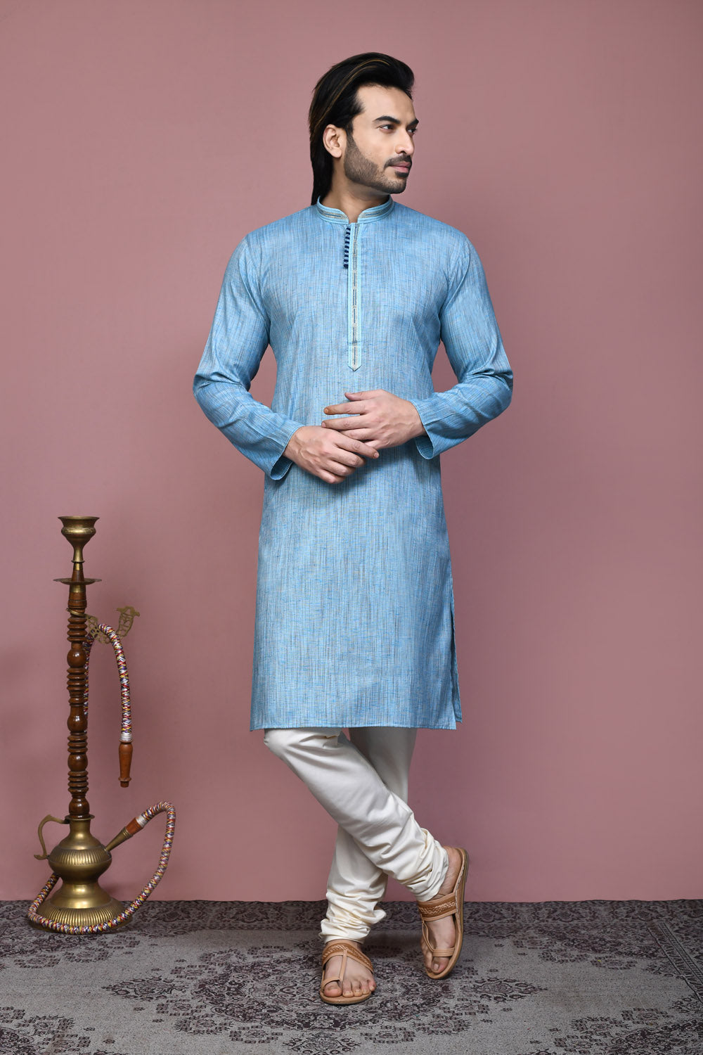 Sky Blue Colour Cotton Silk Fabric Plain Kurta Pajama