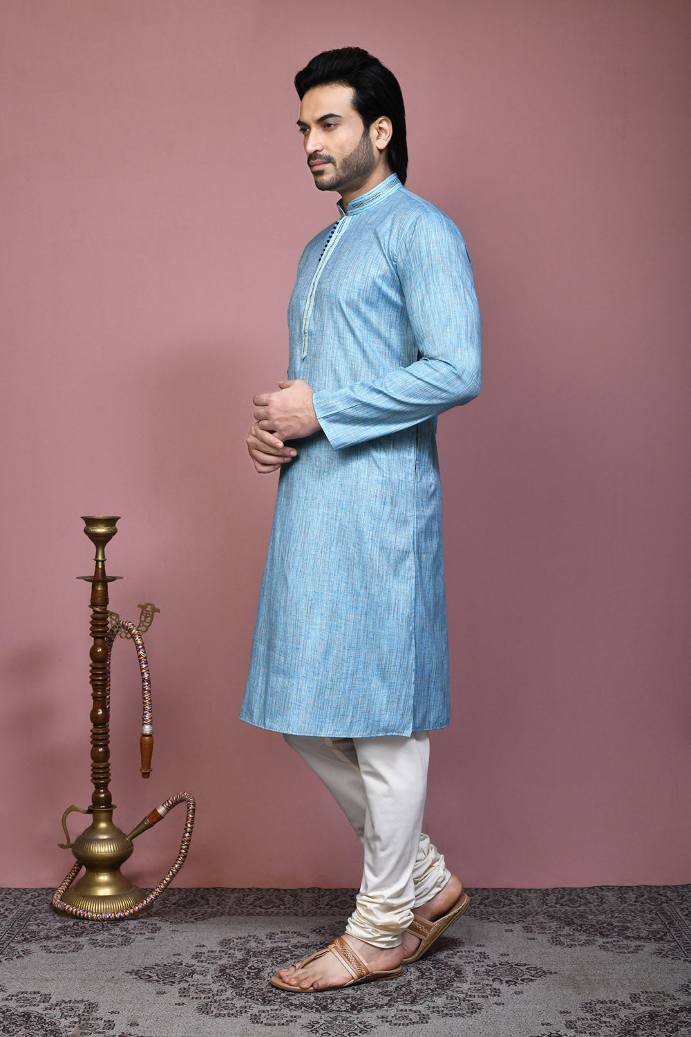 Sky Blue Colour Cotton Silk Fabric Plain Kurta Pajama