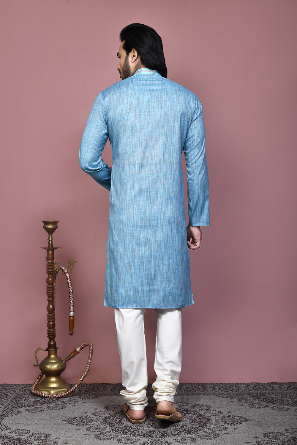 Sky Blue Colour Cotton Silk Fabric Plain Kurta Pajama