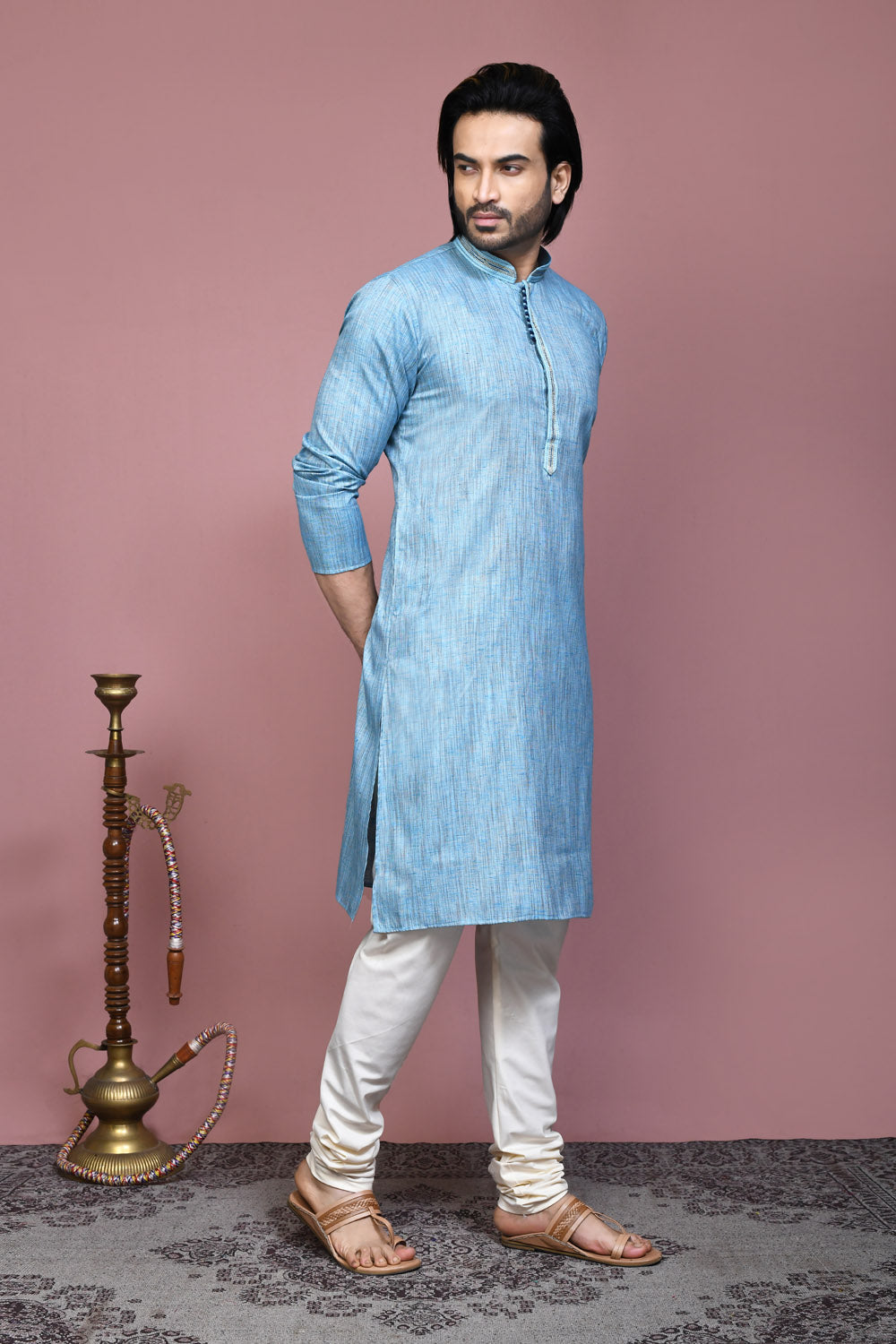 Sky Blue Colour Cotton Silk Fabric Plain Kurta Pajama