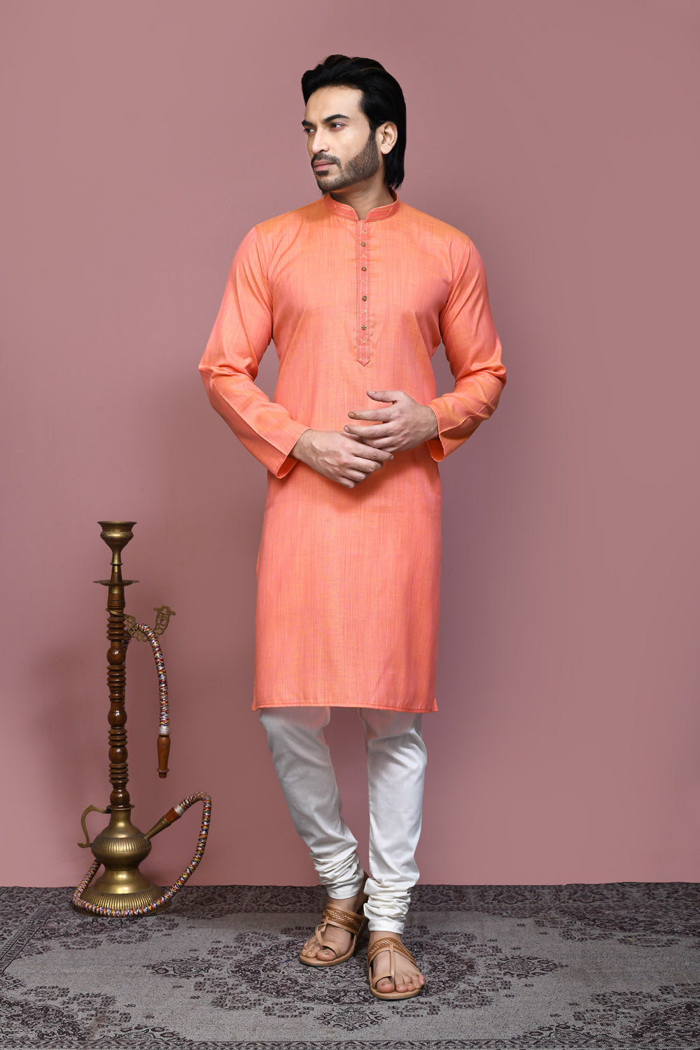 Orange Colour Cotton Silk Fabric Plain Kurta Pajama