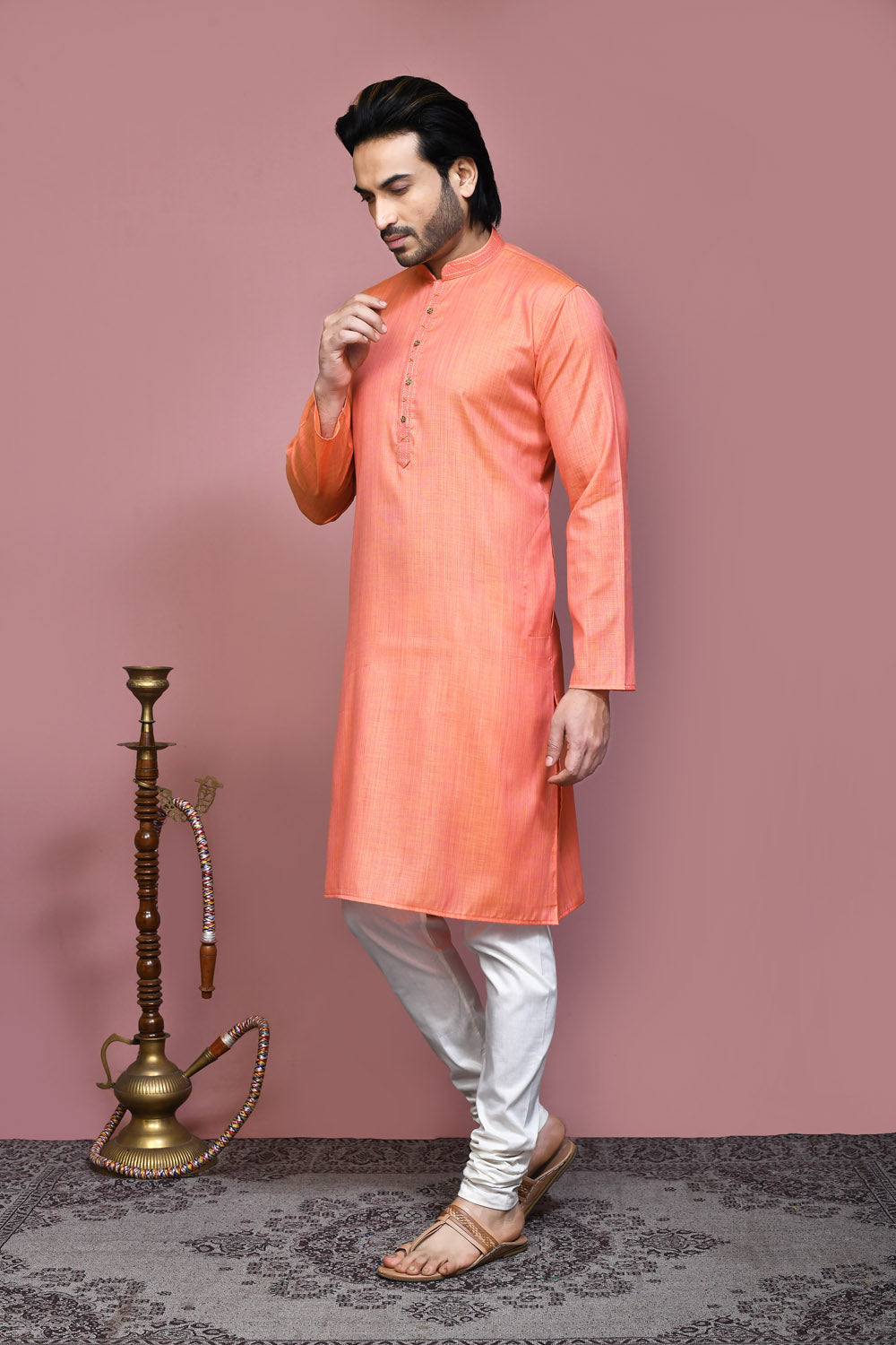 Orange Colour Cotton Silk Fabric Plain Kurta Pajama