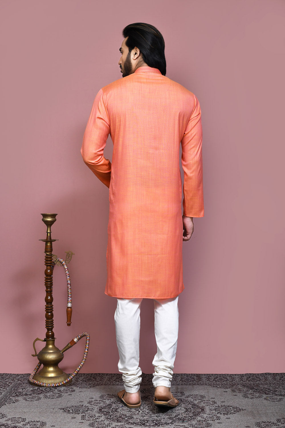 Orange Colour Cotton Silk Fabric Plain Kurta Pajama