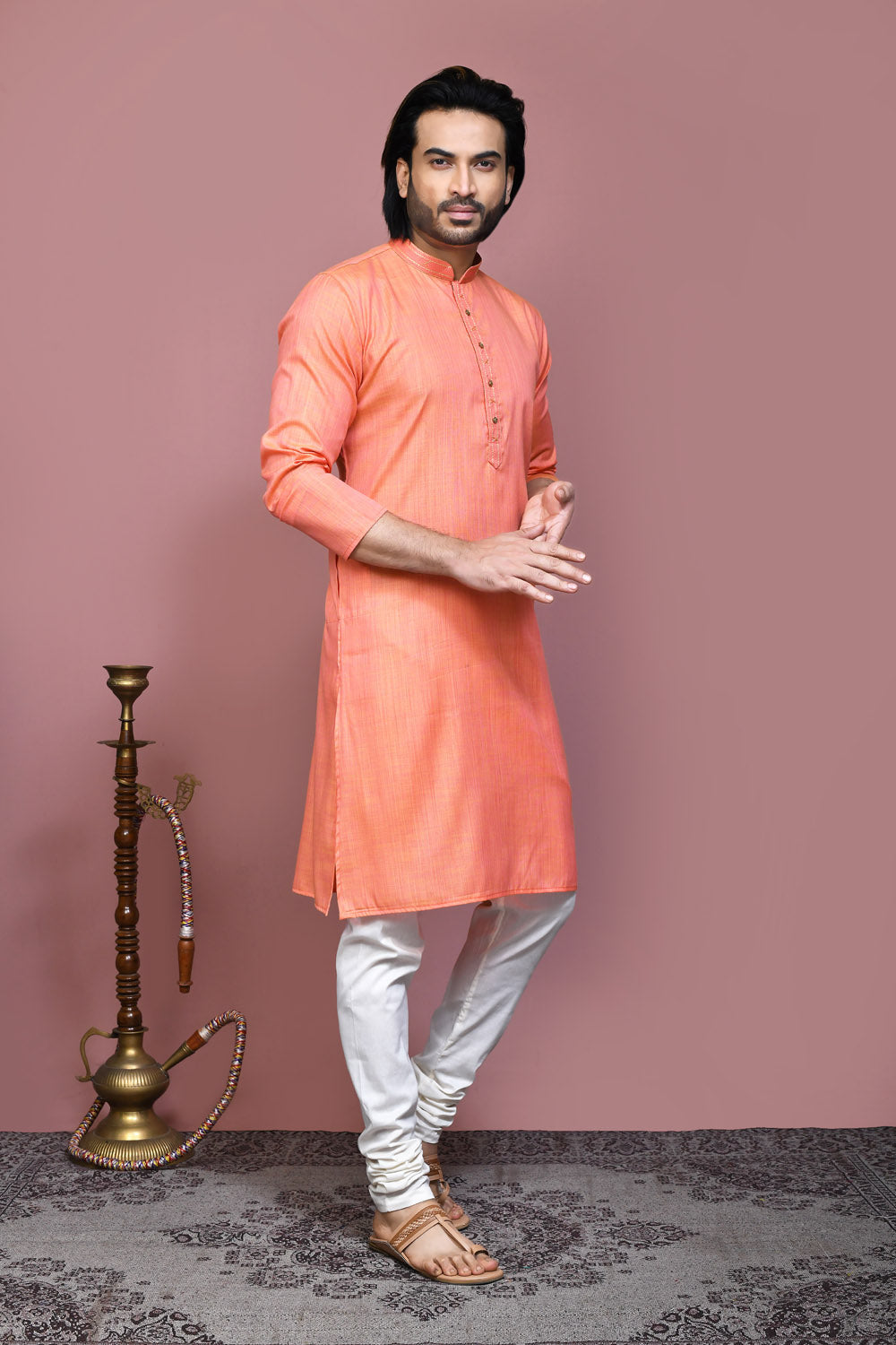 Orange Colour Cotton Silk Fabric Plain Kurta Pajama