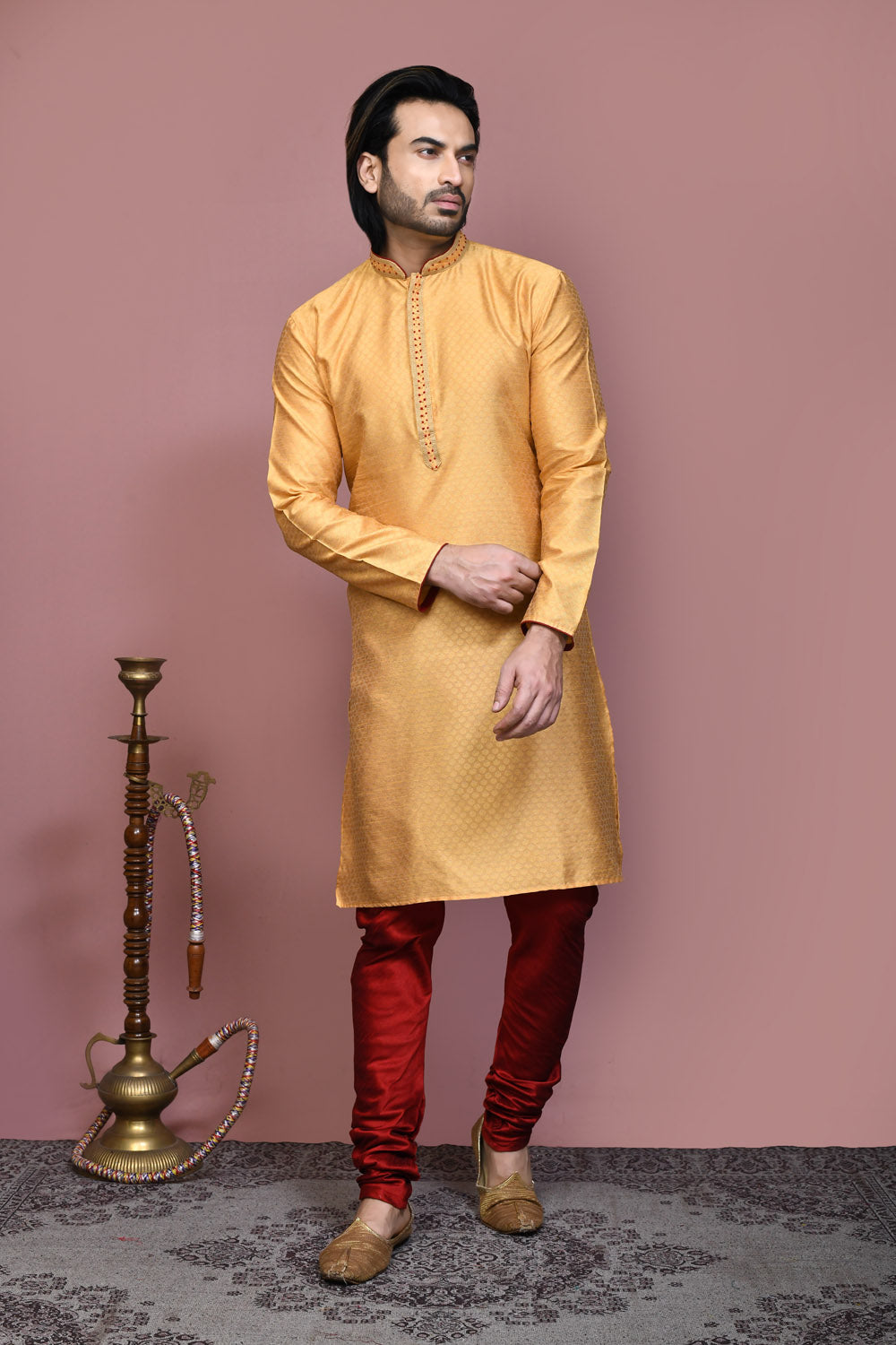 Gold Colour Art Silk Fabric Resham Woven Kurta Pajama