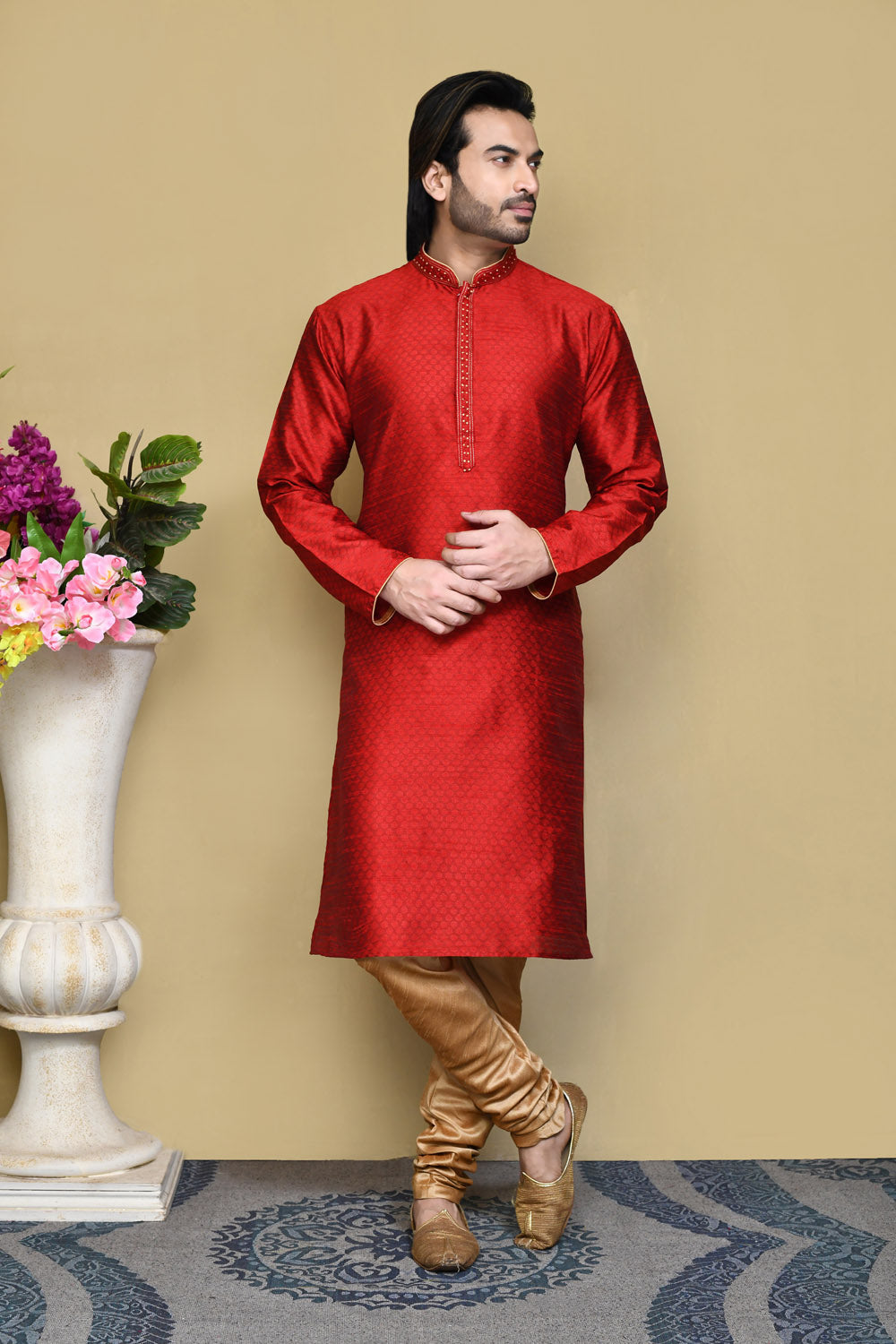 Red Colour Art Silk Fabric Resham Woven Kurta Pajama